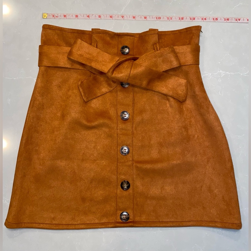 Paperbag Button High Waisted Front Belted Faux Suede Mini Skirt- never worn